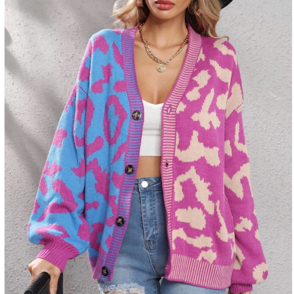 New In Leopard Color Block Patchwork Women's Knit Cardigan Sweater Button Down